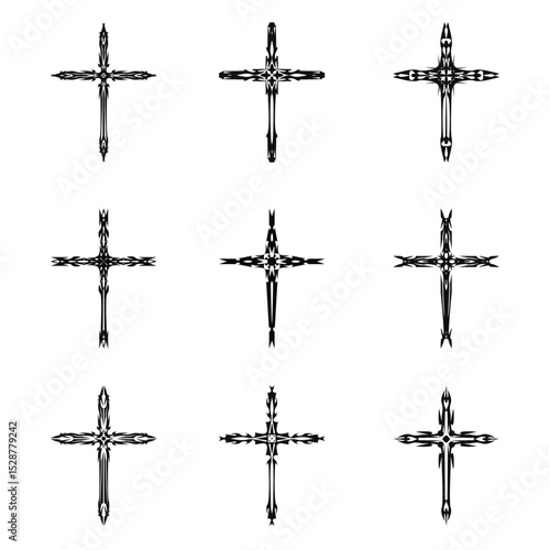 Christian cross vector icon symbols.  Abstract christian religious belief or faith art illustration for orthodox or catholic design. The symbol of the cross in various designs used in tattoo.	