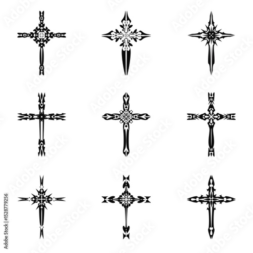 Christian cross vector icon symbols.  Abstract christian religious belief or faith art illustration for orthodox or catholic design. The symbol of the cross in various designs used in tattoo.	