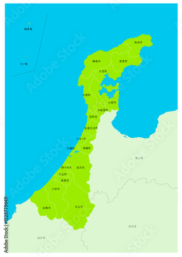 日本の都市、石川県の都市名や行政区分付きの地図（市町村の地名や、行政区分の線付き）
