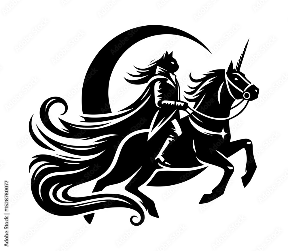 Fototapeta premium Black cat knight riding unicorn under crescent moon