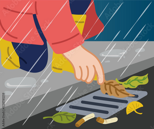 Cleaning leaves from a drain in the rain