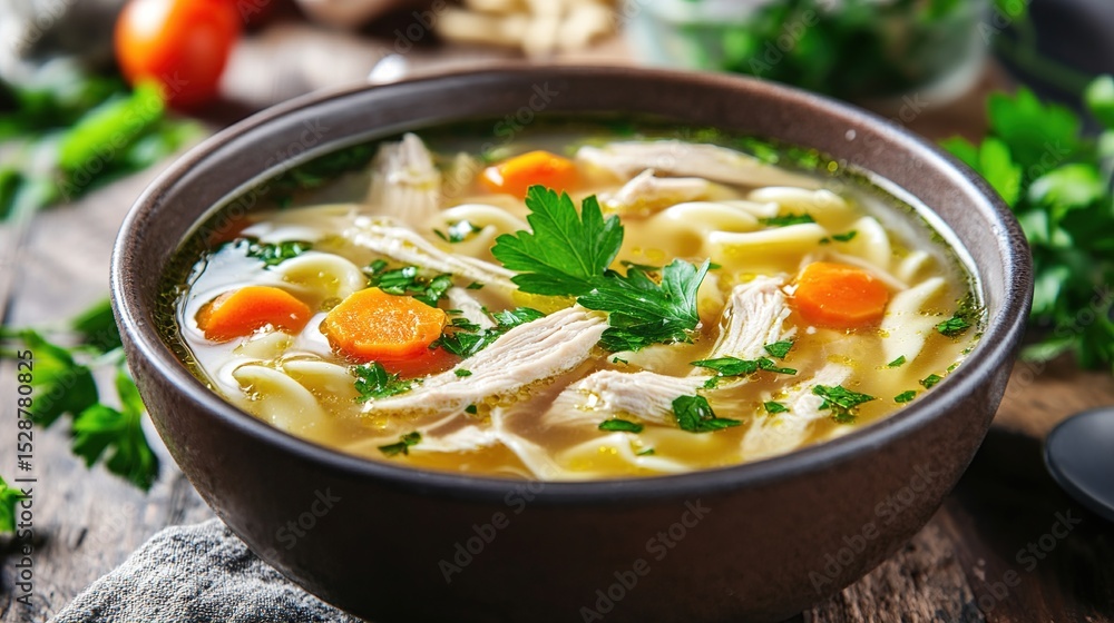 A rustic brown bowl brimming with chicken noodle soup, featuring tender chicken, egg noodles, carrots, and fresh parsley garnish, rests on a dark wooden A rustic brown bowl brimming with chicken noodle soup, featuring tender chicken, egg noodles, carrots, and fresh parsley garnish, rests on a dark wooden