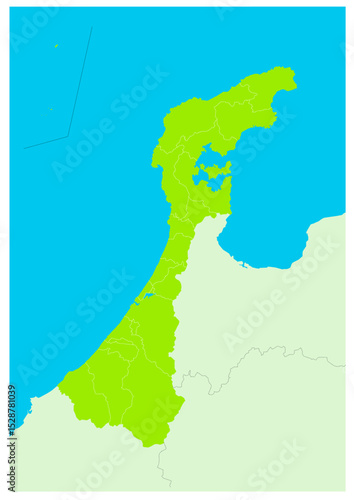 日本の都市、石川県の都行政区分付きの地図（市町村・行政区分の線付き）

