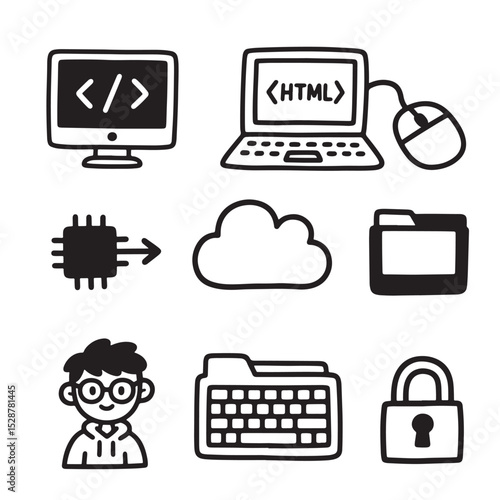 Coding & Cyber security Doodle - Tech Vector Illustration