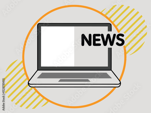 Online news concept illustration with laptop displaying news information with geometric backgrounds