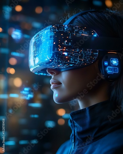 Person wearing mixed reality headset interacting with floating augmented message notifications AI-Enhanced Telecom and Satellite Relay Stations Enterprise-Grade Tech Hubs for Global Connectivity