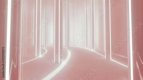 Misty, glowing forest path.  Pastel pink and white, glowing lines