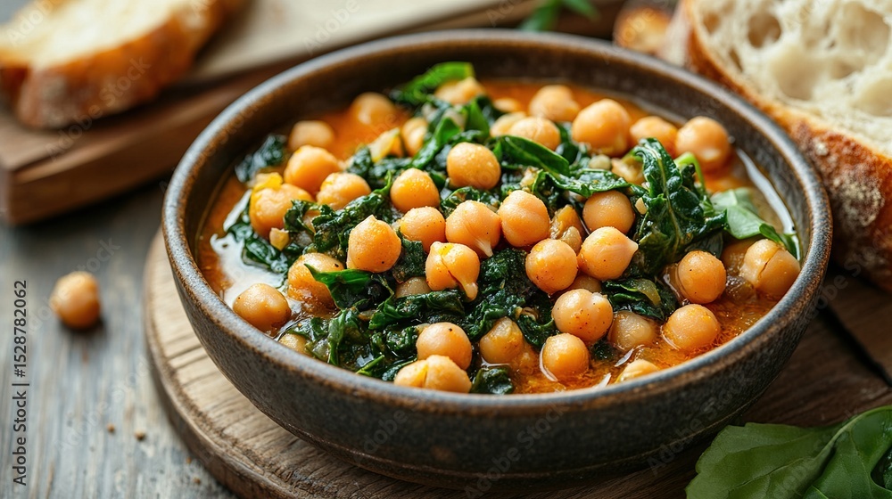 A rustic bowl brimming with a hearty chickpea and spinach stew, subtly seasoned with reddish-orange spices, served alongside crusty bread slices on a dark wooden surface A rustic bowl brimming with a hearty chickpea and spinach stew, subtly seasoned with reddish-orange spices, served alongside crusty bread slices on a dark wooden surface