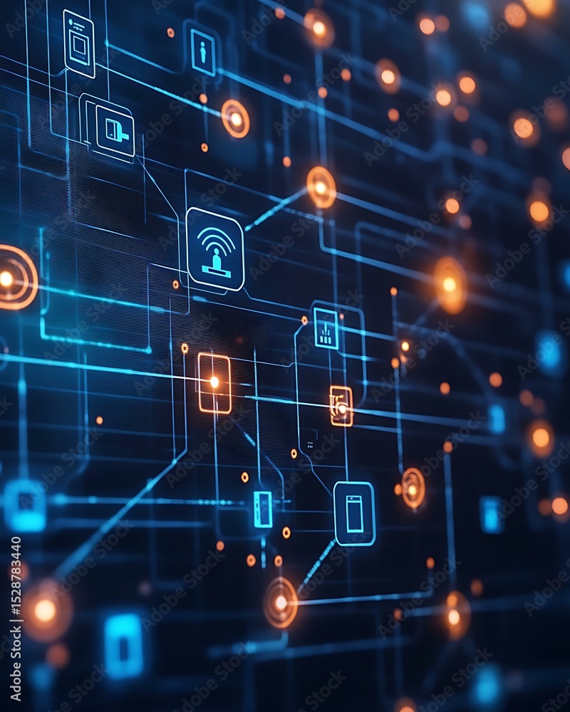 Obraz premium Conceptual image showing device mesh system connecting lighting, media, and energy control Smart Home Ecosystems with Seamless Connectivity Cloud-Synced Cross-Platform Smart Devices