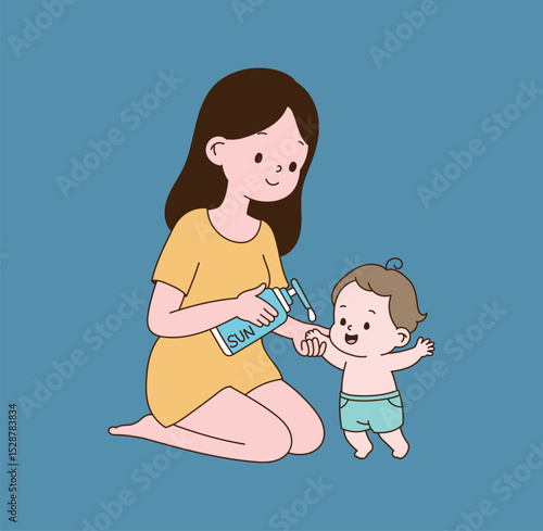 A mother who puts sunblock on her child. minimal line illustration.