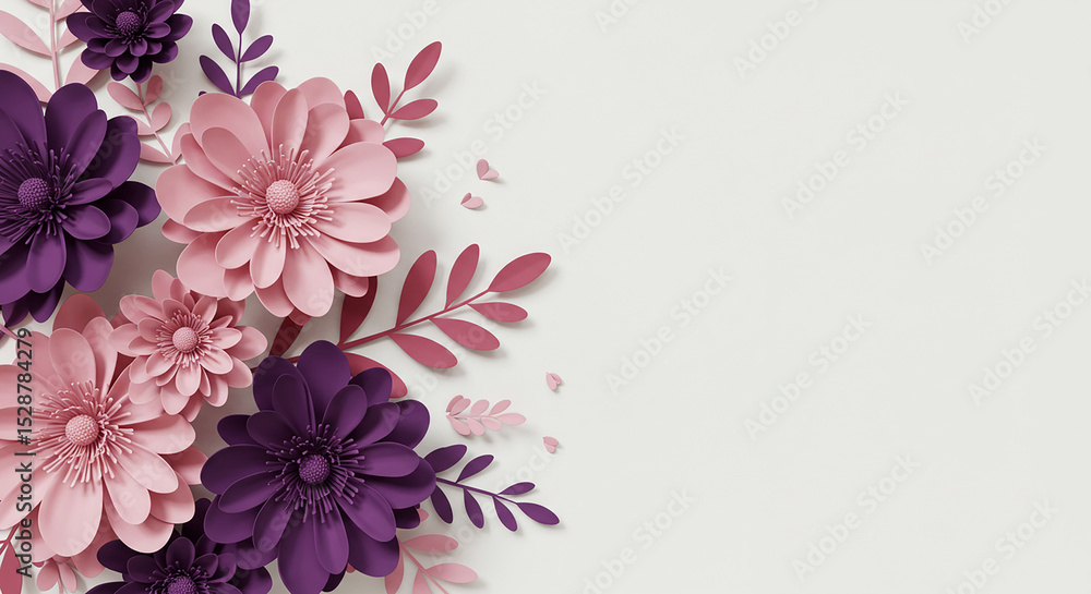 Fototapeta premium Beautiful Paper Roses and Hearts - Romantic Valentine's Day, 3D Papercraft Flowers in Pink and White on a Pastel Romantic Background