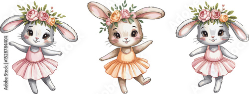 Charming Bunny Ballerinas: Floral Crowns, Pastel Dresses, and Adorable Dance Poses for Creative Projects  flat vector illustration