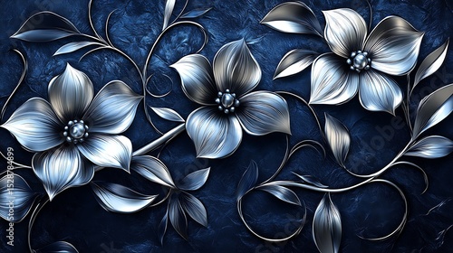 Silver Art Deco flowers intertwined with angular geometric patterns, set against a navy blue backdrop, delicate glow creating an elegant vintage vibe. Created Using: vector art, Art Deco movement,