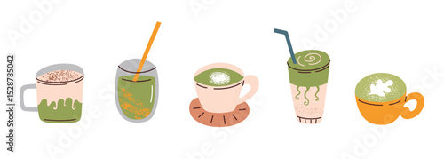Vector illustration of matcha drinks in cups and glasses. Japanese creamy beverages, trendy matcha cocktails icons, flat and cartoon style for cafe, menu, healthy lifestyle and tea culture themes