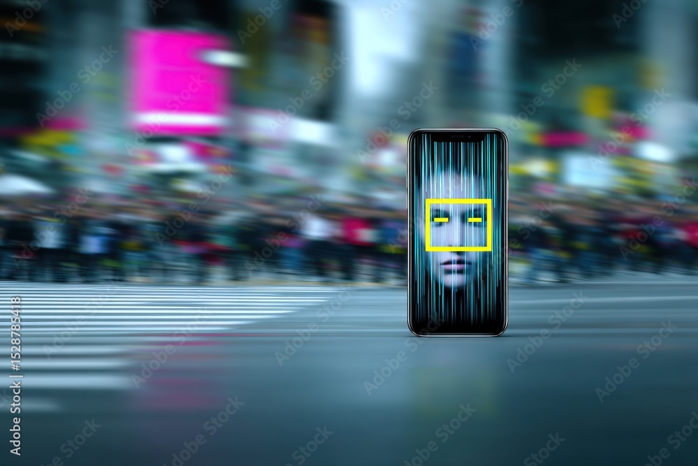 Obraz premium Smartphone face recognition in urban setting