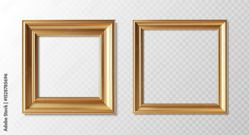 Fototapeta premium 3d realistic vector icon illustration. Set of golden picture frames in square shape. Isolated on transparent background.