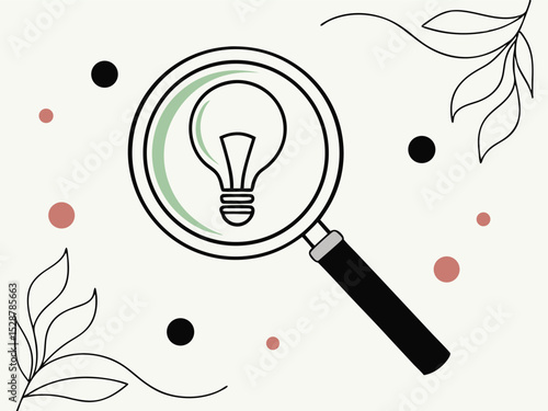 A conceptual illustration of a magnifying glass examining a lightbulb representing ideas and insights against a minimalist background with decorative elements