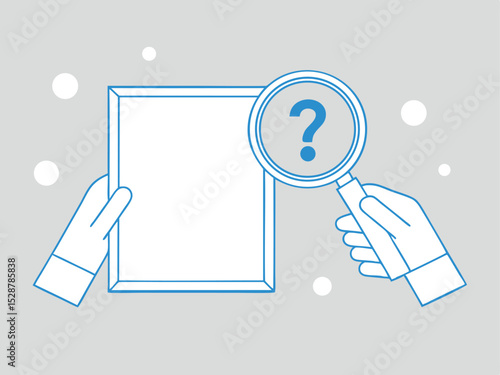 Conceptual illustration of a question mark inside a magnifying glass inspecting a blank frame held by hands against a light gray background