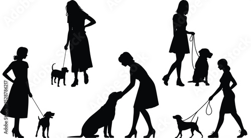 Silhouette of women walking dogs, training, petting, leash handling, companionship, dog care, pet love, outdoor animal interaction, lifestyle moment.

 flat vector illustration