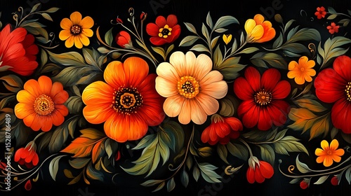 Ukrainian Petrykivka painting style, swirling flowers and leaves in fiery reds, oranges, and yellows on a black background, ornate and lively brushstrokes. Created Using: gouache painting,