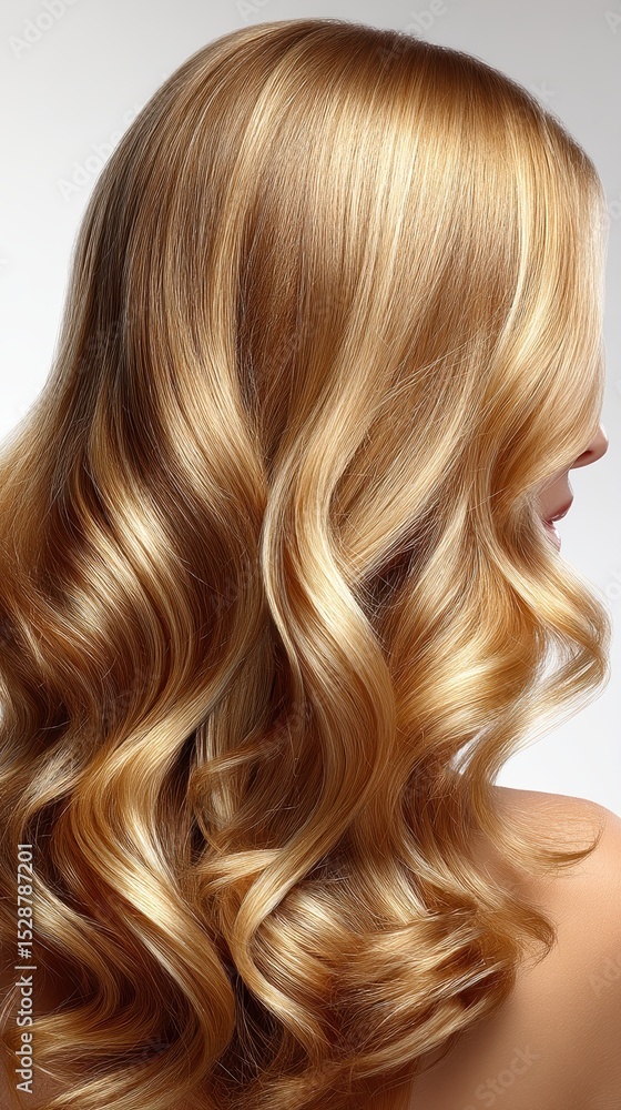 Fototapeta premium Beautiful blonde hair styled in soft waves, showcasing a shiny and healthy appearance.