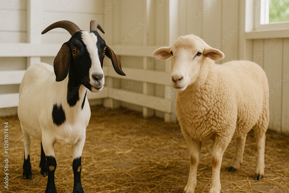 Fototapeta premium Adorable Goat and Sheep Together in a Barn Farm Animals Domestic Animals Agriculture Livestock