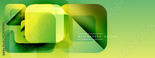 Abstract geometric shapes overlap, creating vibrant green design. Modern background with subtle gradients, clean aesthetic.