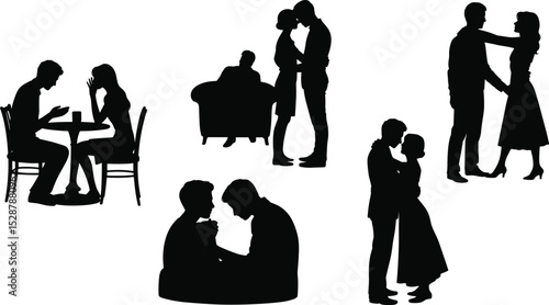 Silhouette of romantic couples talking, hugging, dating, arguing, showing love, emotional connection, relationship bonding, sitting, standing, embracing moments.

 flat vector illustration