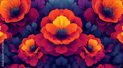 Wallpaper Mural Abstract floral pattern, repeating stylized blooms in bold reds, oranges, and purples, geometric overlays, high-energy, rhythmic composition. Created Using: vector art, pattern design, Torontodigital.ca