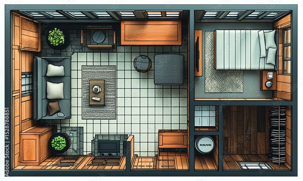 Overhead view of a cozy studio apartment Overhead view of a cozy studio apartment