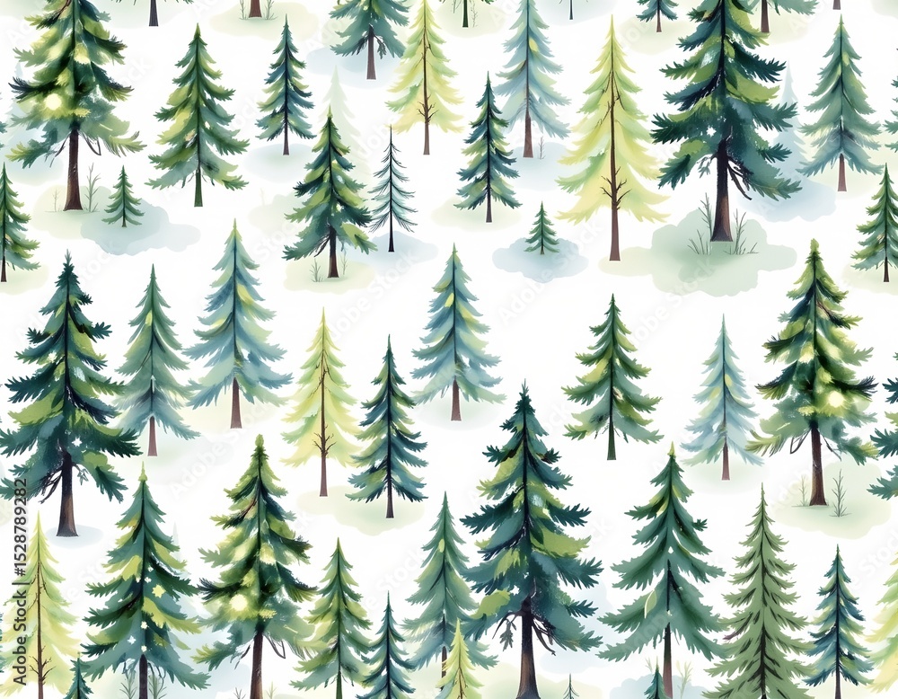 Obraz premium watercolor seamless forest pattern on white background, delicate misty eco line of pine, spruce, and fir trees, subject positioned at the bottom with clear copy space at the top