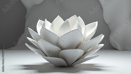 3D rendering of a pristine white lotus flower with layered petals.