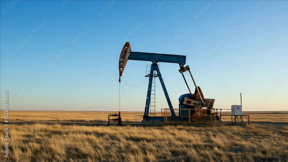 Oil Pump Jack in a Vast Golden Field under a Clear Blue Sky: An Image of Energy Extraction in a Rural Landscape Oil Pump Jack in a Vast Golden Field under a Clear Blue Sky: An Image of Energy Extraction in a Rural Landscape
