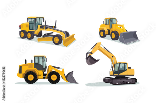 Mining Vehicle Vector Set Four Flat Heavy Equipment Icons Isolated on White

