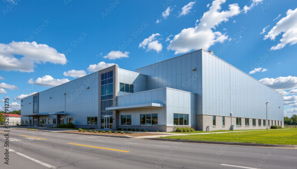 Modern industrial building with sleek design, large windows, and clear blue sky. structure features spacious facade and is situated along well maintained road, showcasing professional environment Modern industrial building with sleek design, large windows, and clear blue sky. structure features spacious facade and is situated along well maintained road, showcasing professional environment