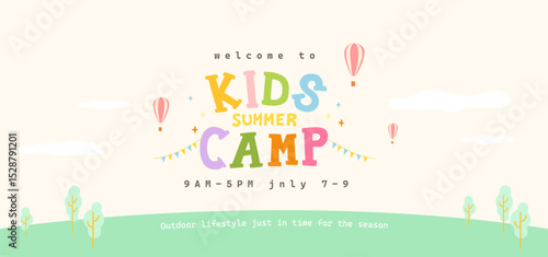 Colorful and minimal poster for kids summer camp in pastel tones with cute cartoon elements and outdoor theme
