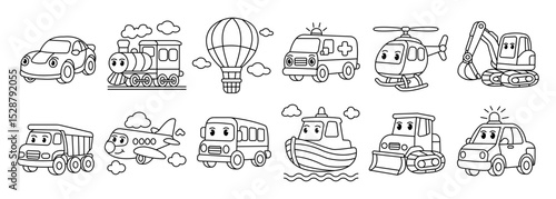 A black and white vector illustration of various transportation vehicles for children's coloring activities and educational fun.