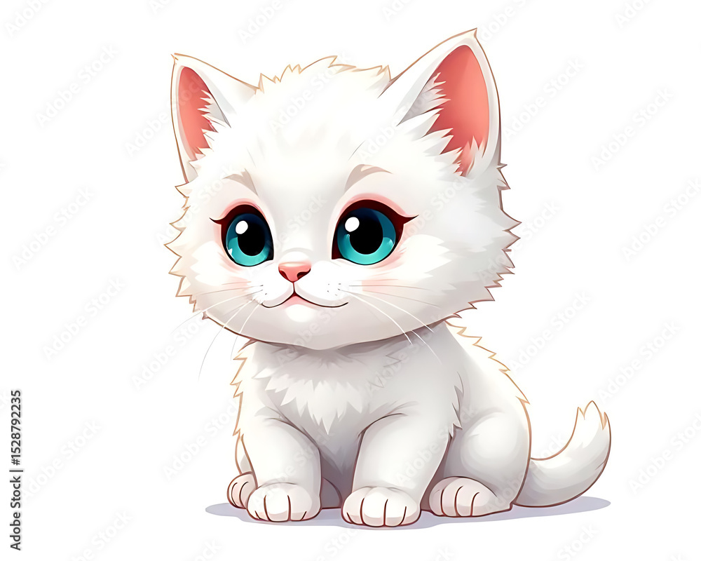 Obraz premium Adorable Fluffy White Kitten Cute Cartoon Animal Illustration