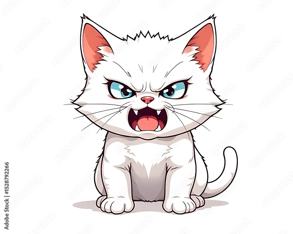 Fototapeta premium Angry White Kitten Illustration Ferocious Feline, Cartoon Kitty, Grumpy Cat