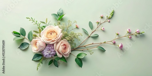 Elegant Pastel Floral Arrangement with Delicate Roses and Greenery on a Soft Green Background