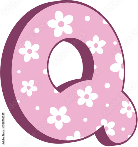 Cute Kid Letter Q Pink Floral Uppercase Alphabet Character with White Daisy Pattern in Pastel Style for Girls Crafts Birthday Cards Kids Learning and Preschool Decorations
