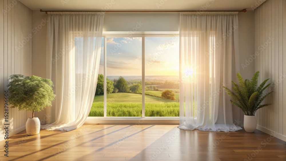 Fototapeta premium Serene Sunrise Views Through Sheer Curtains in a Minimalist Room with Indoor Plants