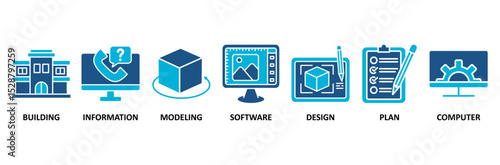 BIM banner web icon vector illustration concept for building information modeling with icon of building, information, modeling, software, design, plan, and computer