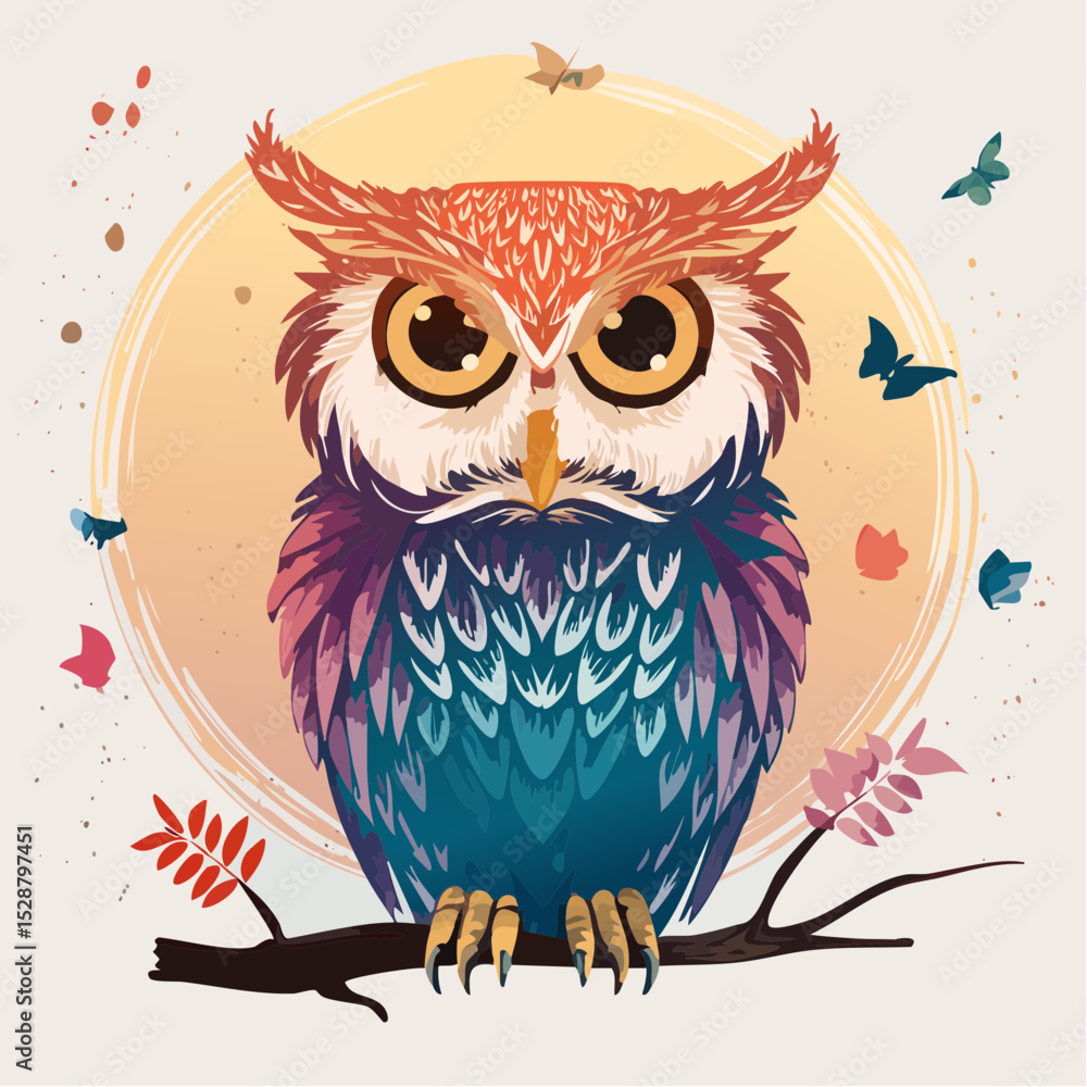 Naklejka premium A colorful owl with wide eyes and layered feathers, perched calmly on a branch with scattered leaves and butterflies around