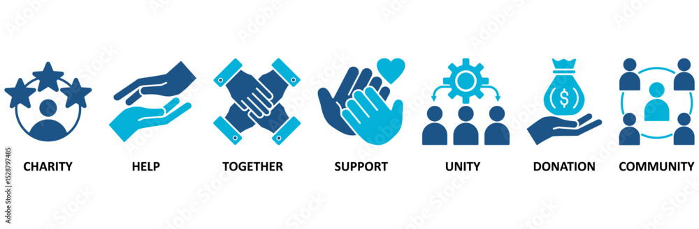 Fototapeta premium Volunteering banner web icon vector illustration concept for volunteer aid assistant with icon of charity, help, together, support, unity, donation, and community