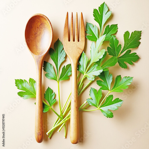 Culinary Harmony A rustic flat lay composition with wooden bowl with fresh parsley on a neutral background, wooden spoon and fork on fresh green parsley leaves arranged on a soft beige background. 