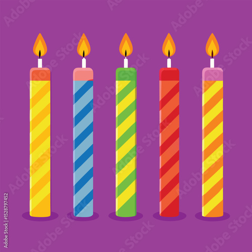 Five Colorful Striped Candles with Flames on a Purple Background