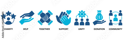 Volunteering banner web icon vector illustration concept for volunteer aid assistant with icon of charity, help, together, support, unity, donation, and community