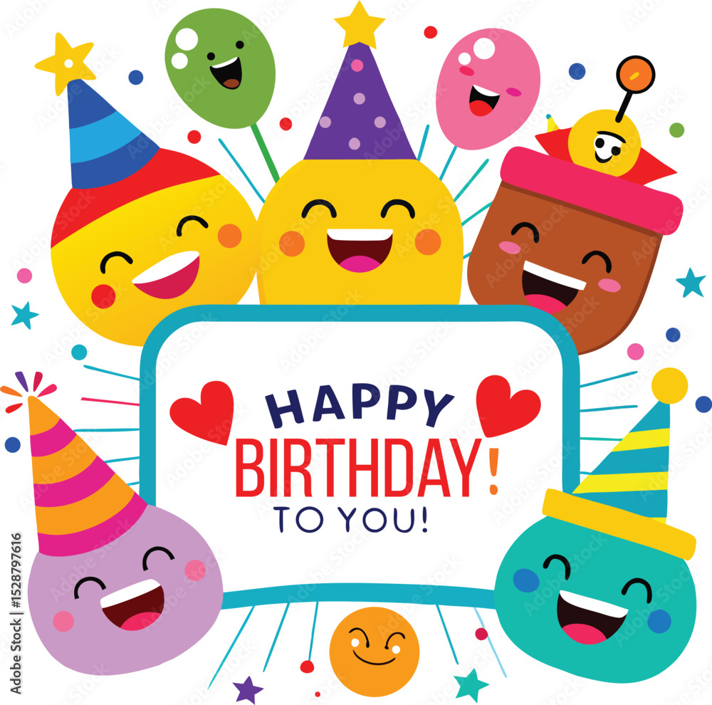 Naklejka premium Colorful Cartoon Characters Celebrating a Happy Birthday on a White Background