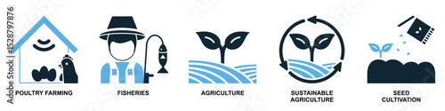 Set agriculture farming icon vector for various aspects of cultivation, livestock, and rural life. Ideal for agricultural businesses, food production, and sustainable development themes.